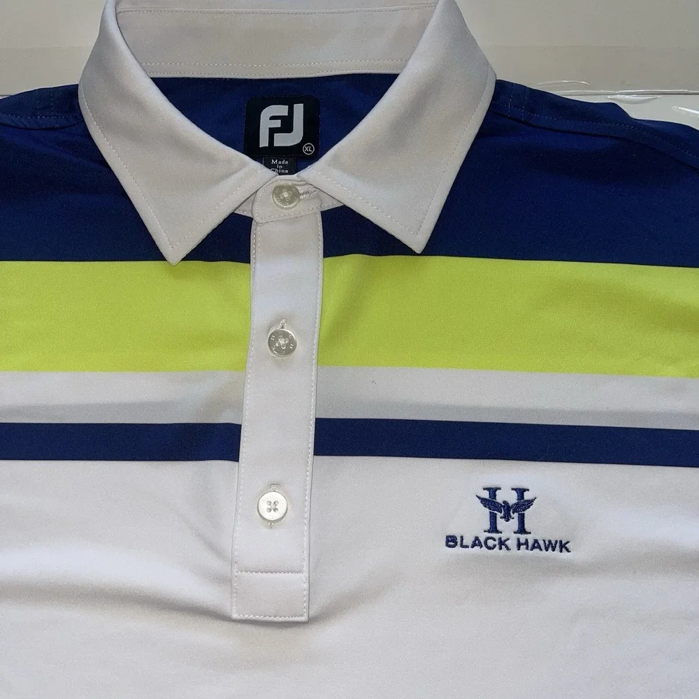 Foot Joy FJ Golf Polo Shirt Mens XL White Blue Green Stretch‎ W/Black Hawk Logo